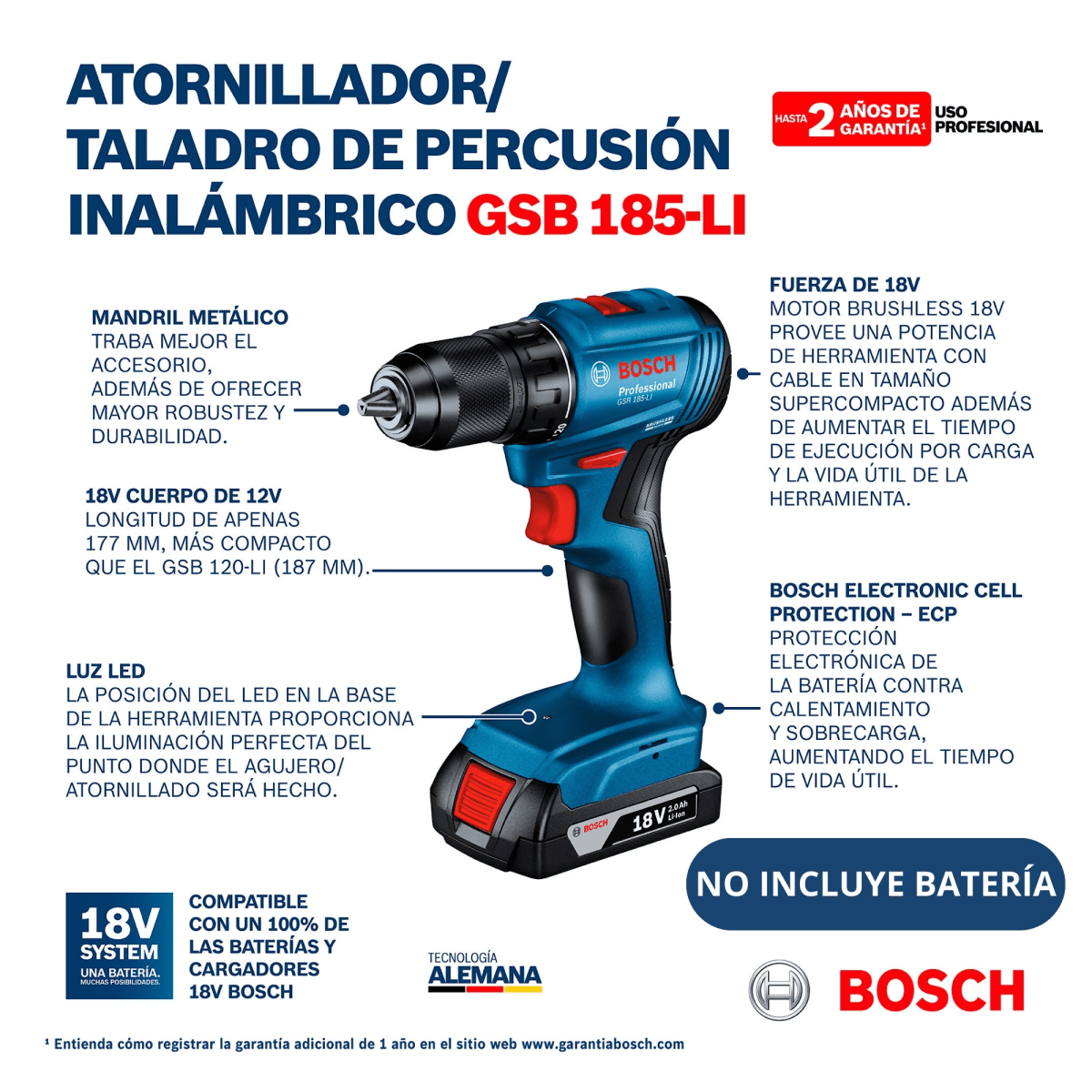 Taladro atornillador Percutor 18V  Brushless GSB 185-LI sin bat.8