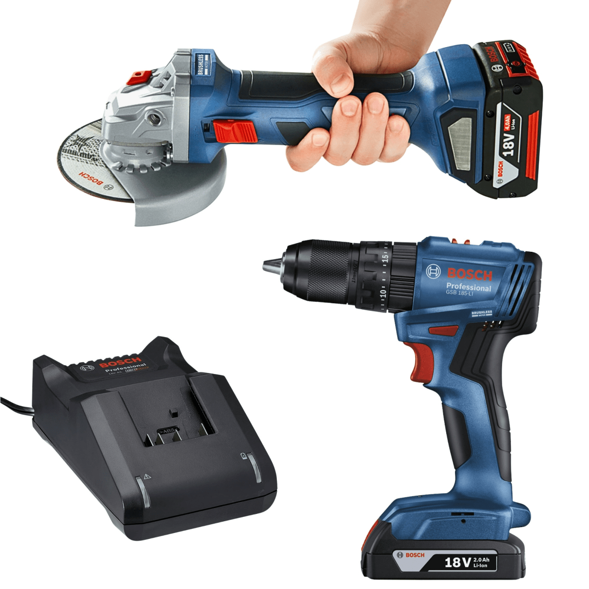 Combo Amoladora inalámbrica GWS 180-LI+Taladro atornillador Percutor GSB 185-LI2