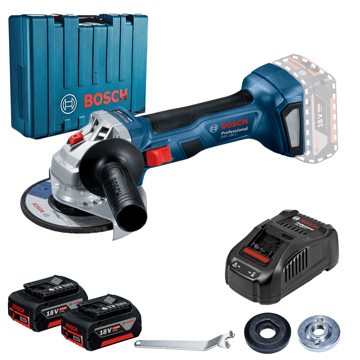Amoladora inalámbrica 18V profesional GWS 180-LI + 2 baterías +Maletín1