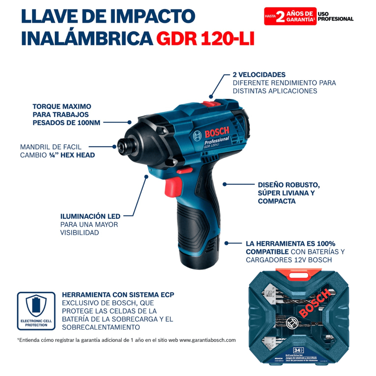 Combo Taladro Atornillador  inalámbrico GSR 120 +Impacto GDR 120 + Set Puntas y Brocas X-Line 34 pie6