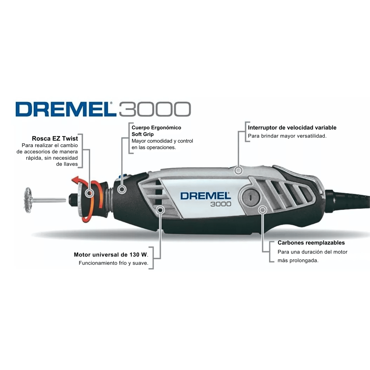 Minitaladro Multipropósito eléctrica DREMEL 3000+ 10 accesorios Minitorno6