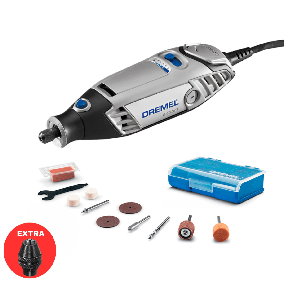 Minitaladro Multipropósito DREMEL 3000 + 10 accesorios + Mandril universal1