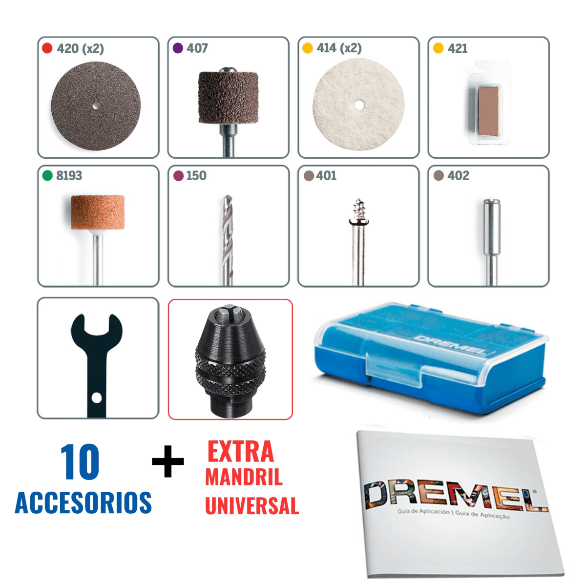 Minitaladro Multipropósito DREMEL 3000 + 10 accesorios + Mandril universal3