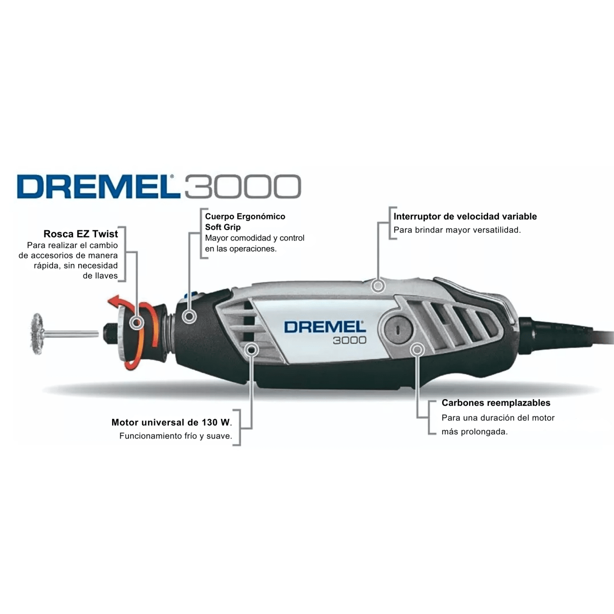 Minitaladro Multipropósito DREMEL 3000 + 10 accesorios + Mandril universal5