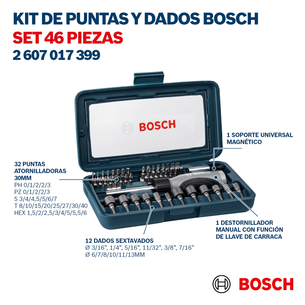 Atornillador y dados Set de puntas 46 piezas con destornillador Bosch6