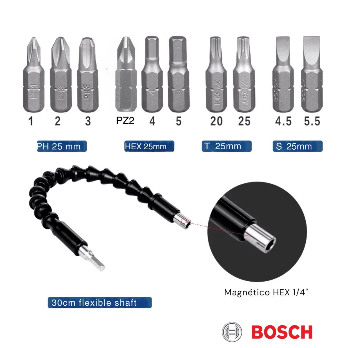 Set de puntas para atornillador + Extensión magnética flexible de 30 cm, 11 piezas2