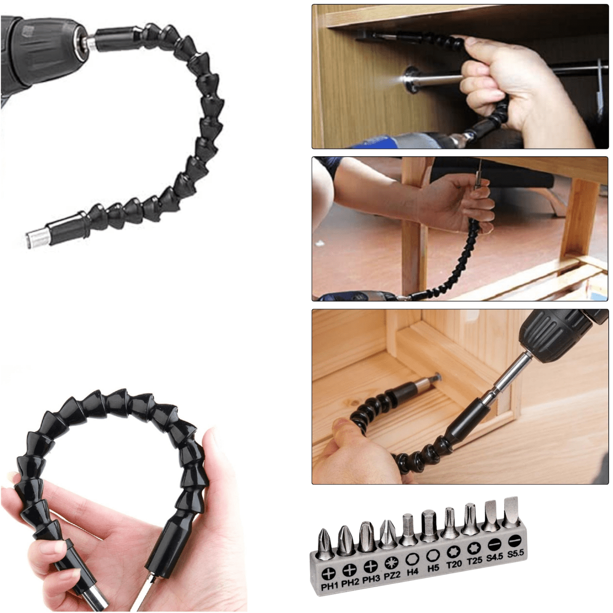 Set de puntas para atornillador + Extensión magnética flexible de 30 cm, 11 piezas6