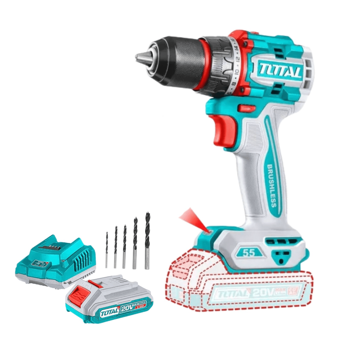 Taladro Inalámbrico BRUSHLESS 55Nm 20V batería1