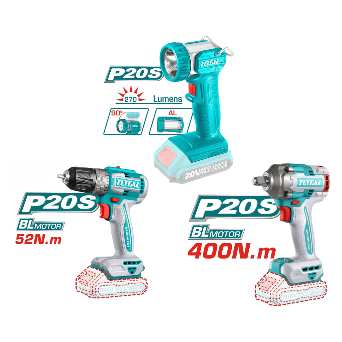 Mega Combo Taladro + Rotomartillo + Llave de impacto + Amoladora TOTAL2