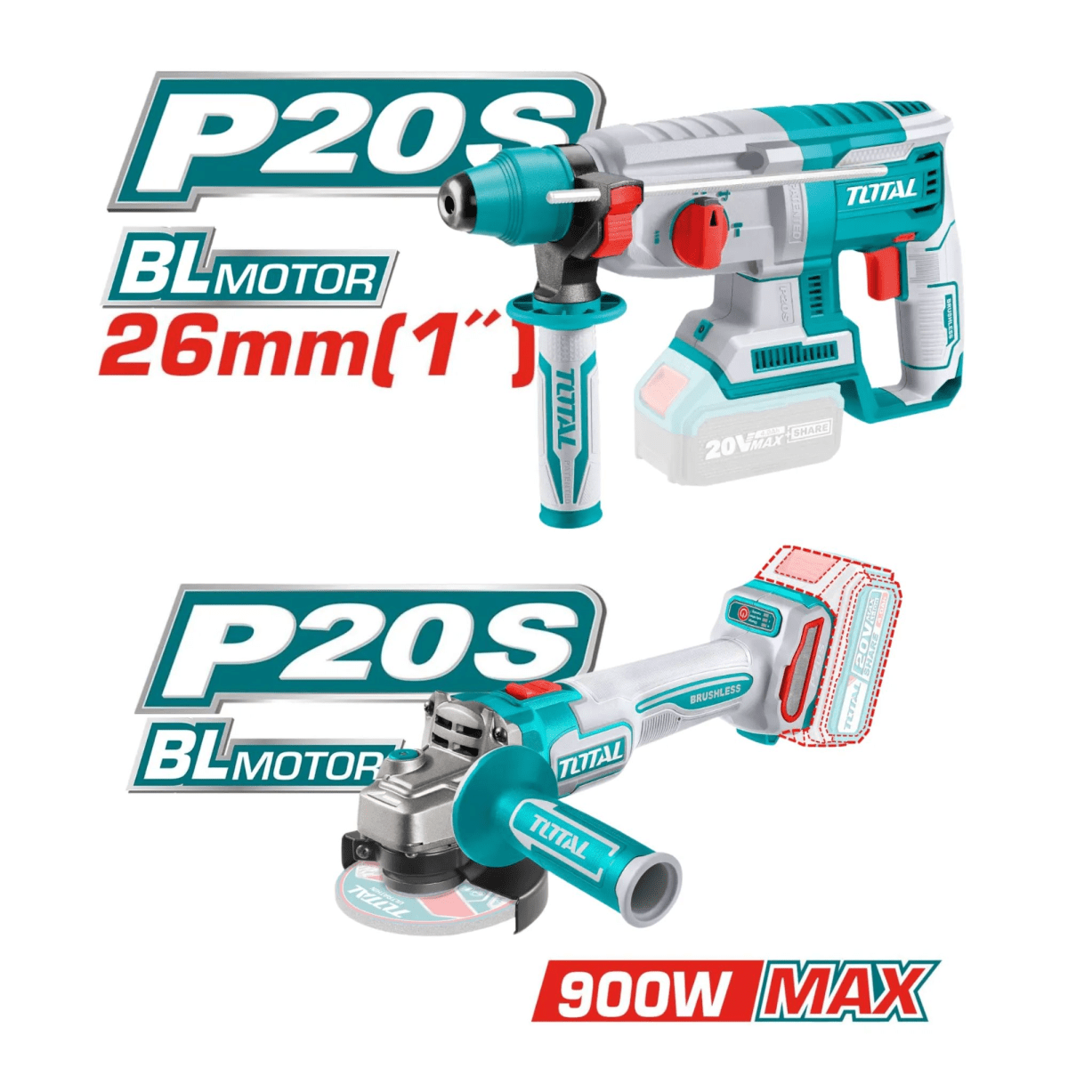 Mega Combo Taladro + Rotomartillo + Llave de impacto + Amoladora TOTAL3