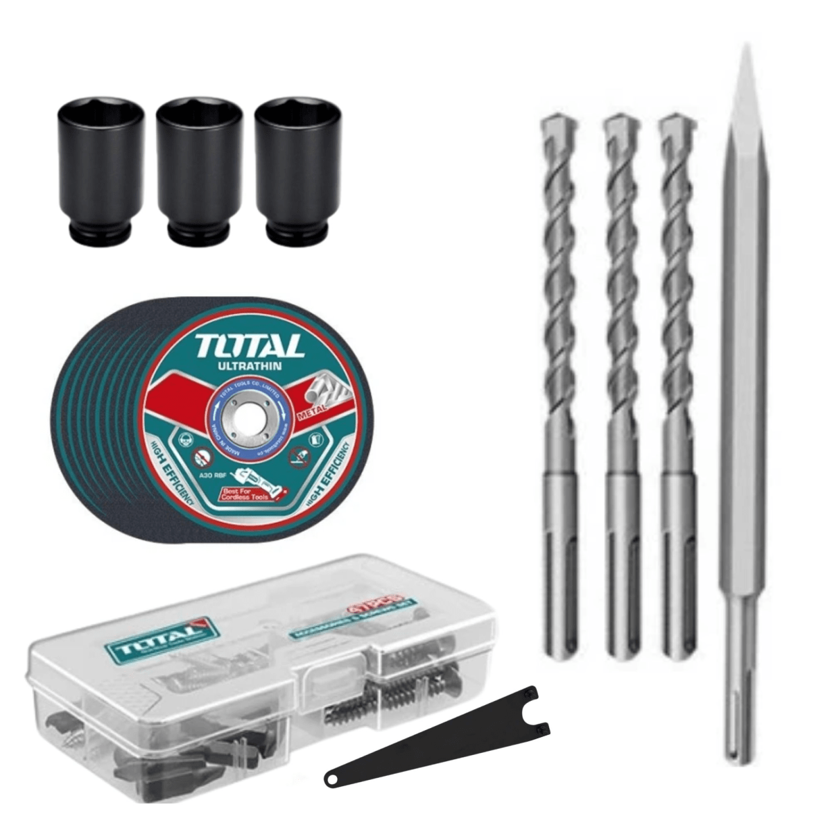 Mega Combo Taladro + Rotomartillo + Llave de impacto + Amoladora TOTAL4