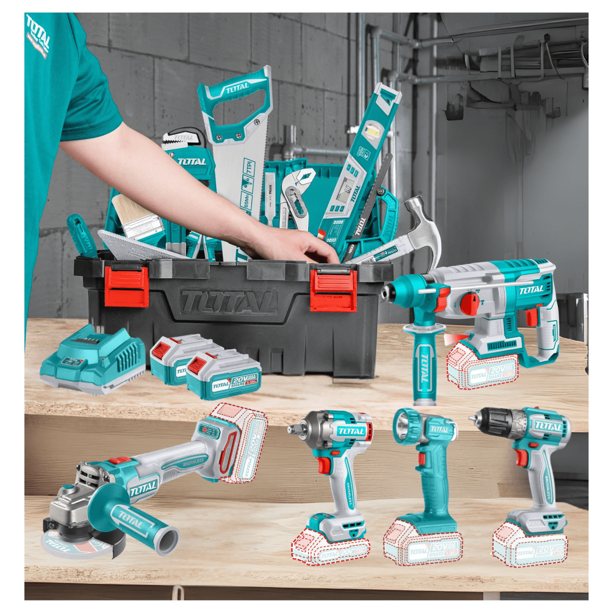 Mega Combo Taladro + Rotomartillo + Llave de impacto + Amoladora TOTAL7