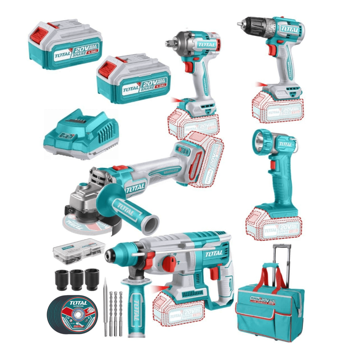 Mega Combo Taladro + Rotomartillo + Llave de impacto + Amoladora TOTAL8