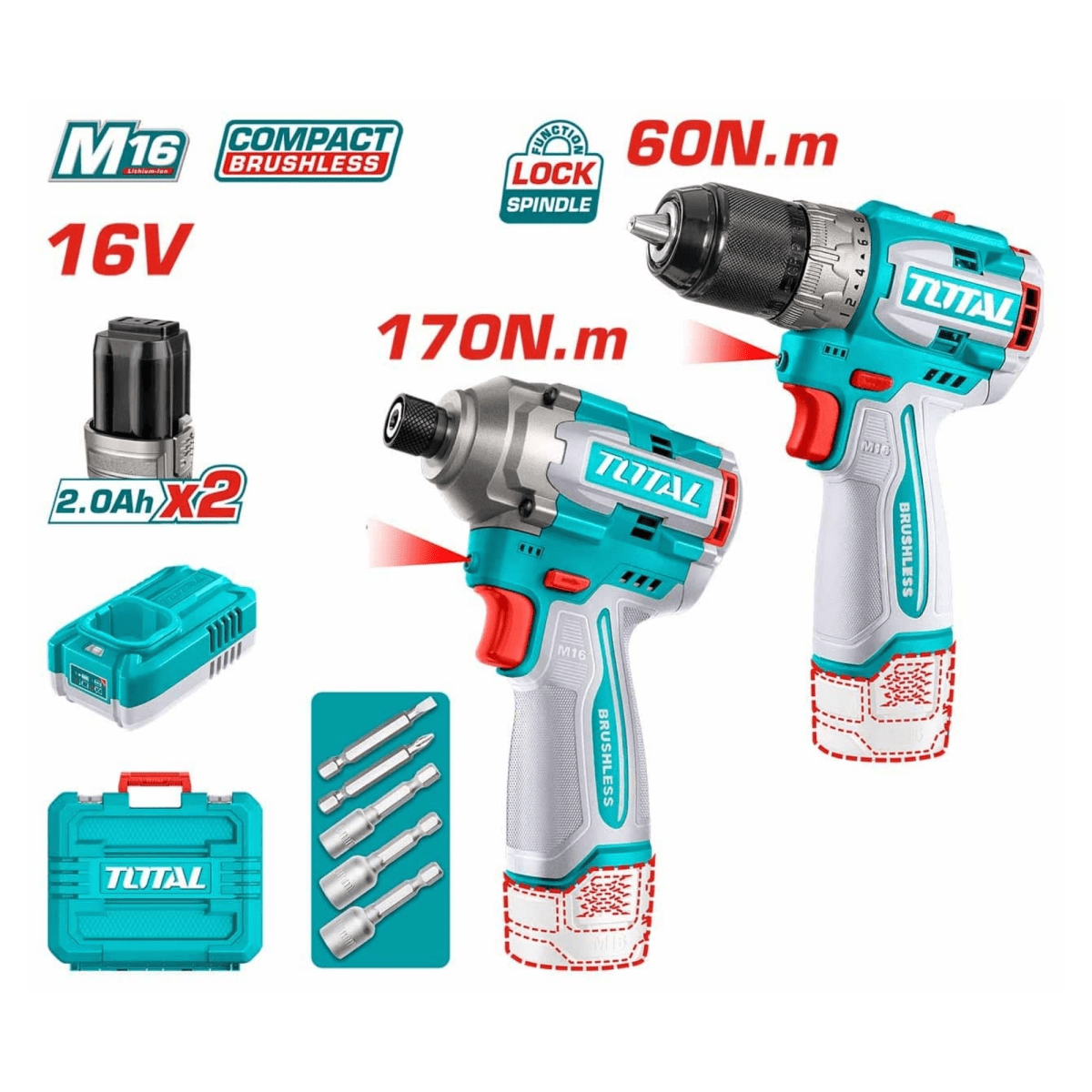 Taladro atornillador + Atornillador de Impacto Brushless 16V TOTAL2