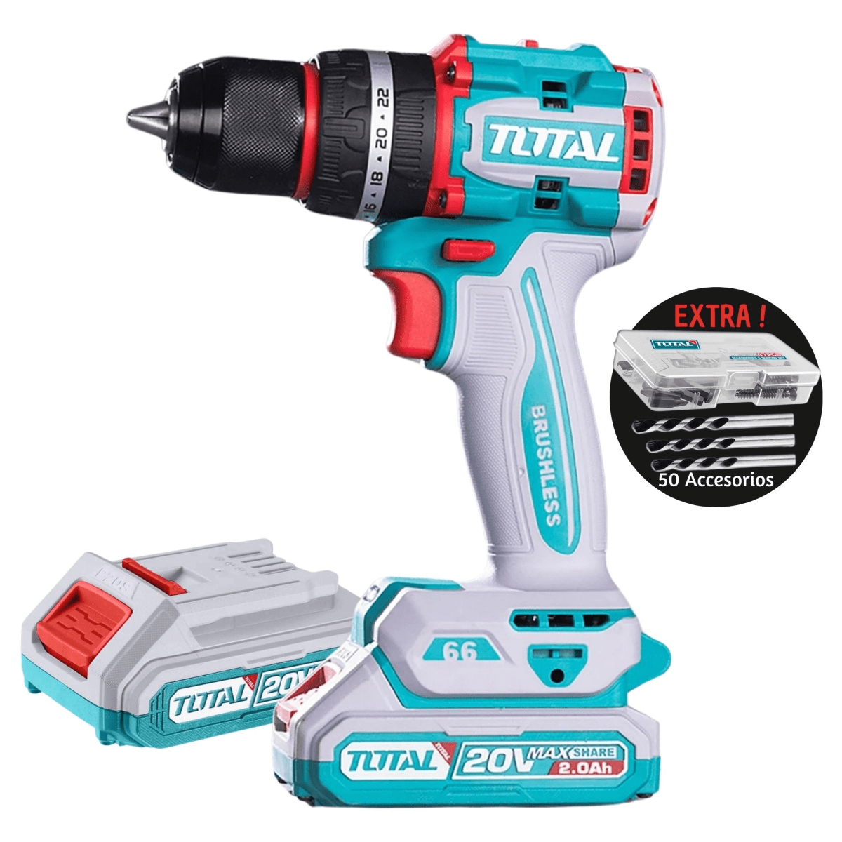 TALADRO PERCUTOR BRUSHLESS 66Nm 20V INALÁMBRICO TIDLI20668 TOTAL1