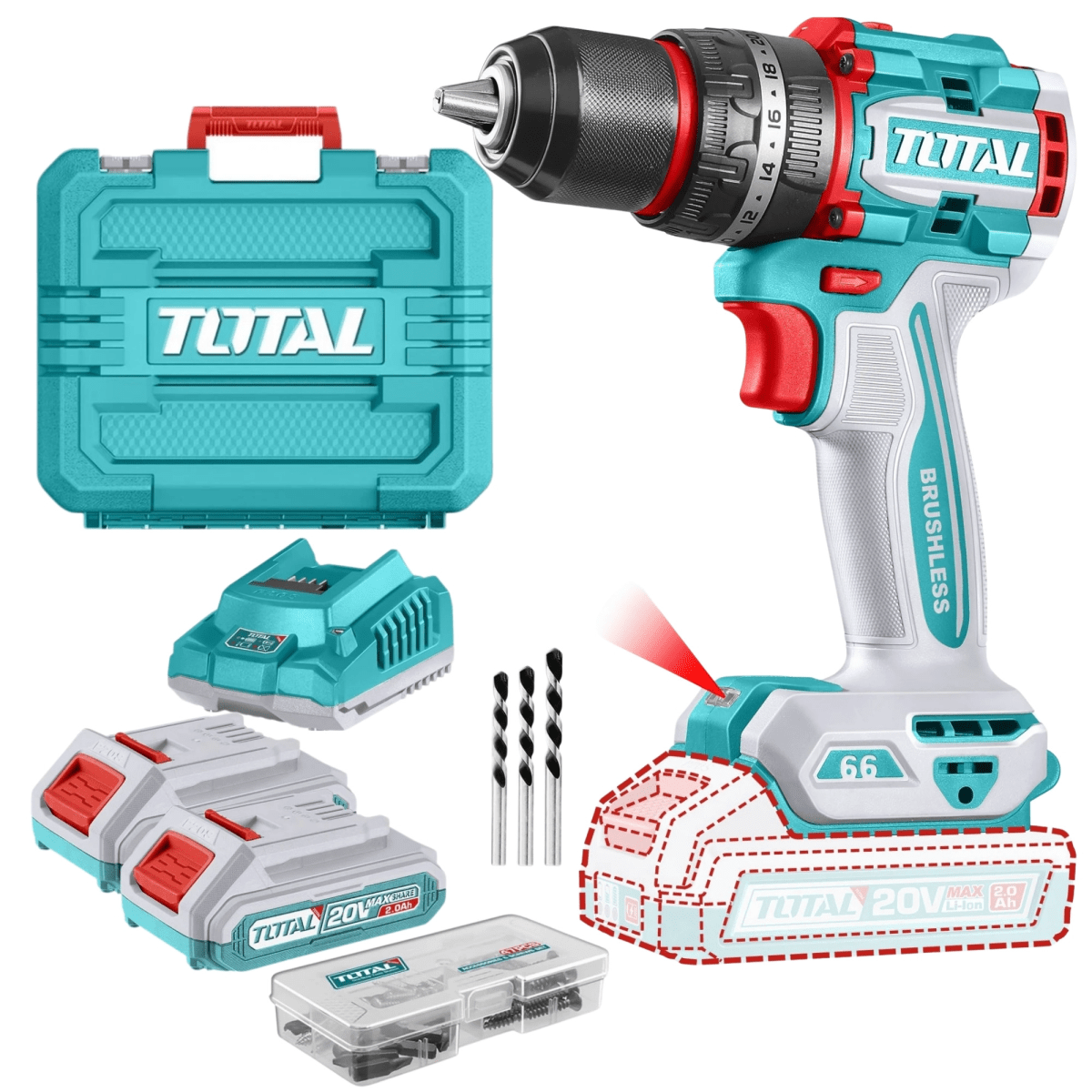 TALADRO PERCUTOR BRUSHLESS 66Nm 20V INALÁMBRICO TIDLI20668 TOTAL3