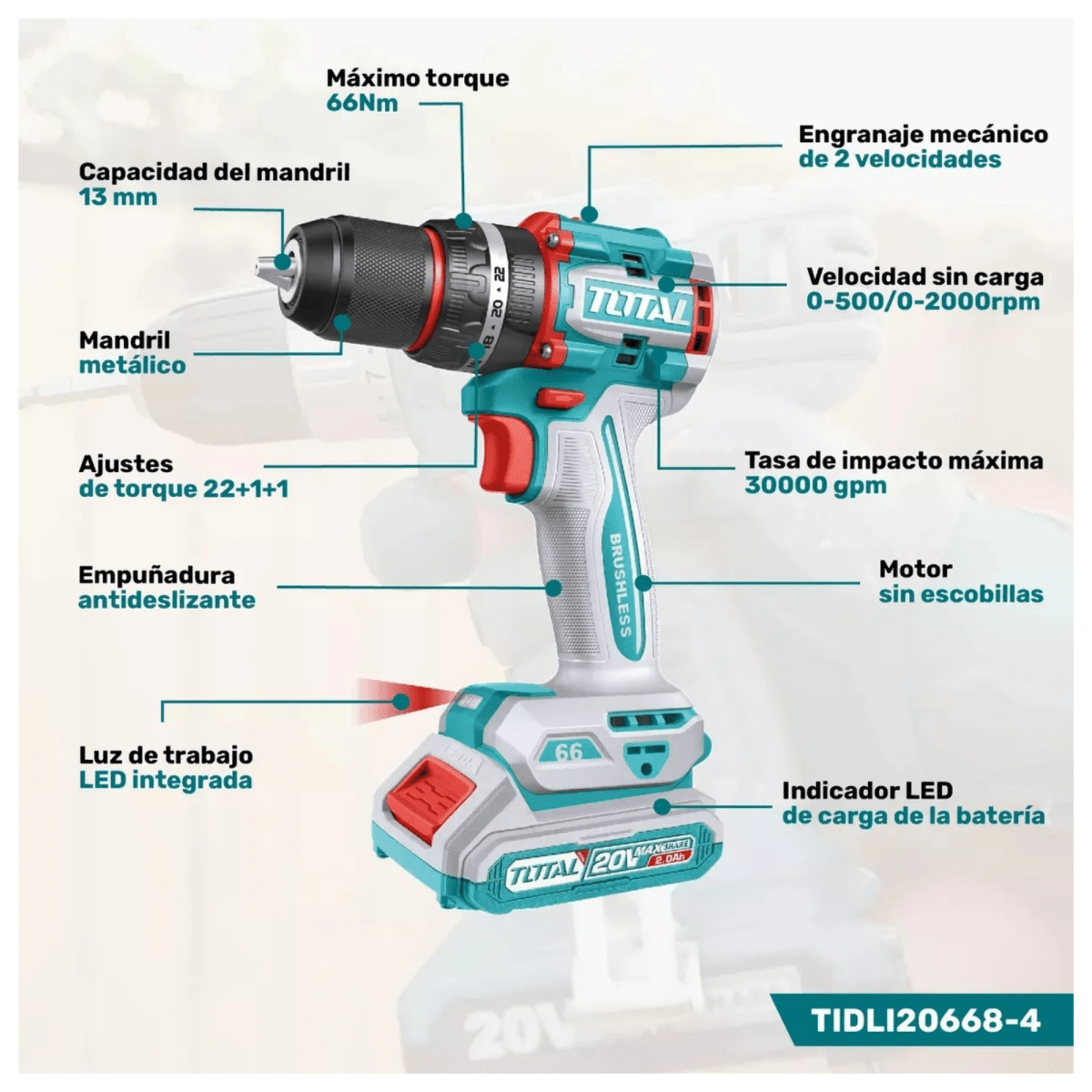 TALADRO PERCUTOR BRUSHLESS 66Nm 20V INALÁMBRICO TIDLI20668 TOTAL4