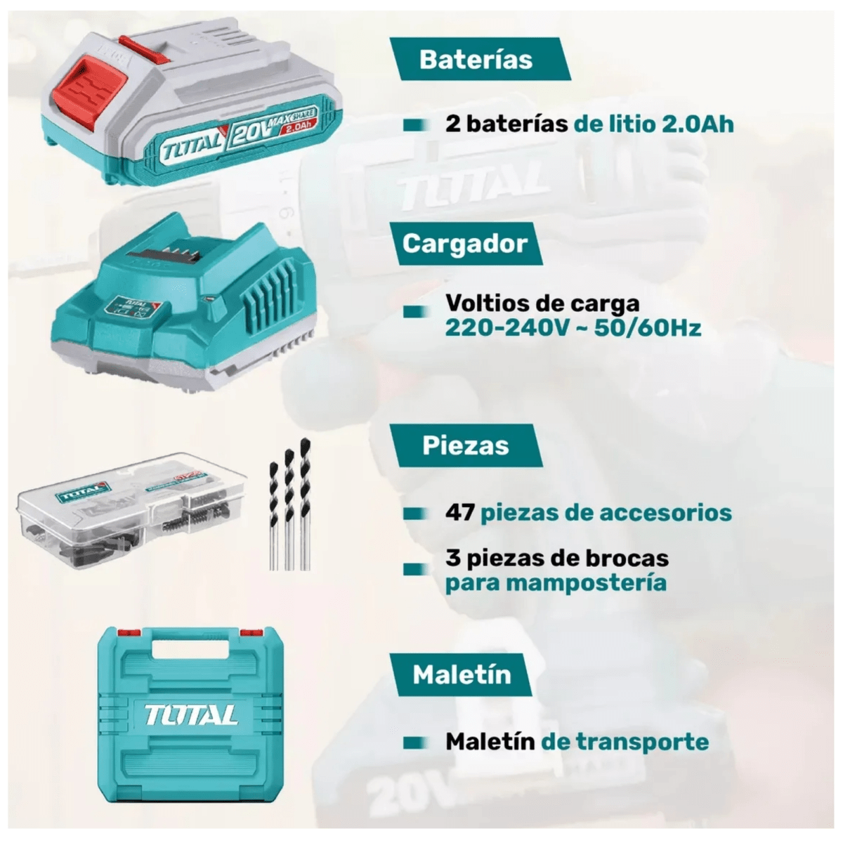TALADRO PERCUTOR BRUSHLESS 66Nm 20V INALÁMBRICO TIDLI20668 TOTAL6