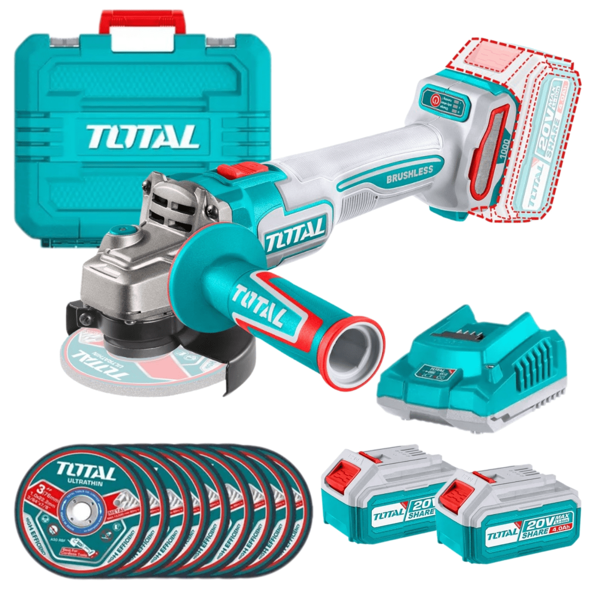 AMOLADORA INALÁMBRICO BRUSHLESS 20V, 2 BATERIAS 4A 10 DISCOS 4-1/2