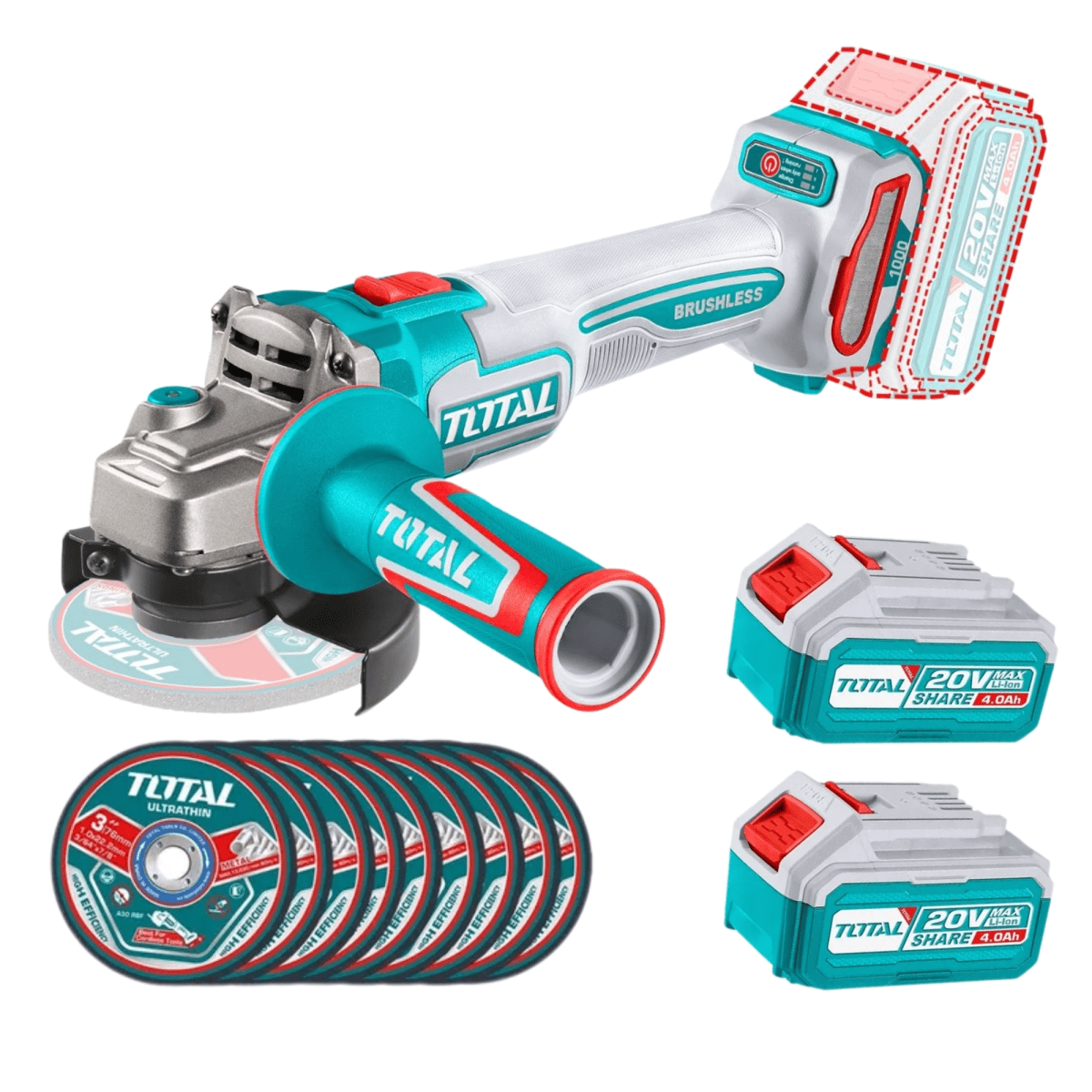 AMOLADORA INALÁMBRICO BRUSHLESS 20V, 2 BATERIAS 4A 10 DISCOS 4-1/2