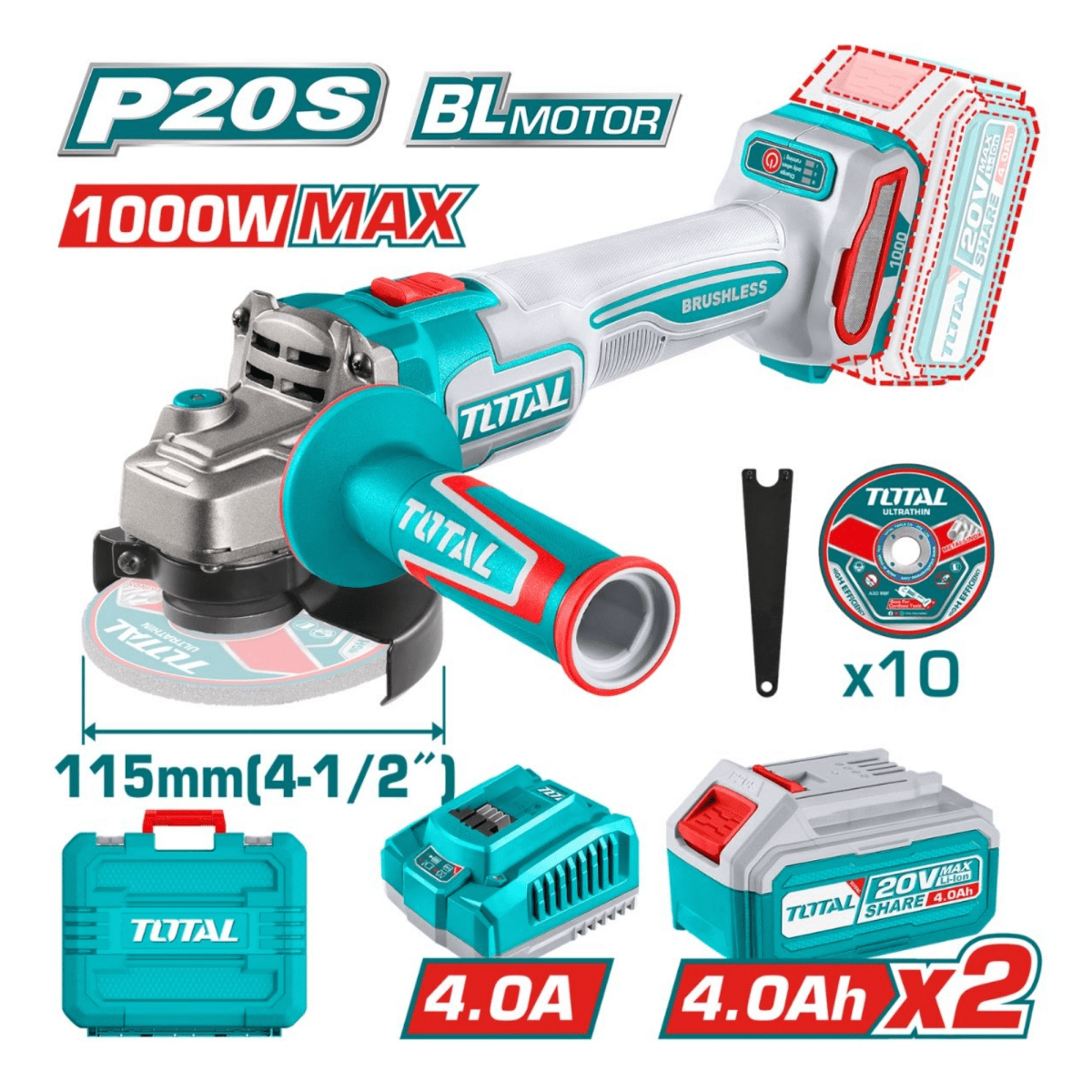 AMOLADORA INALÁMBRICO BRUSHLESS 20V, 2 BATERIAS 4A 10 DISCOS 4-1/2