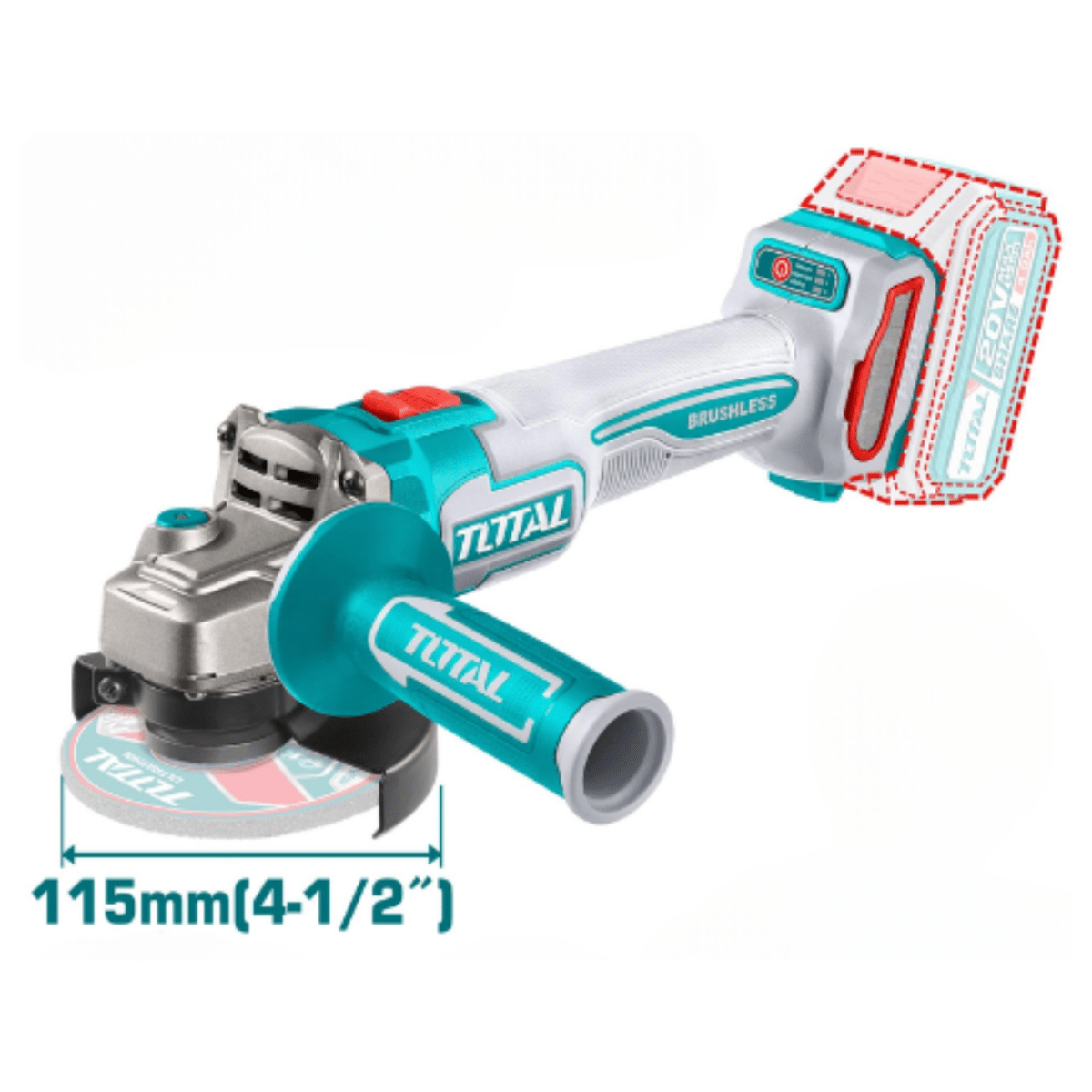 AMOLADORA INALÁMBRICO BRUSHLESS 20V, 2 BATERIAS 4A 10 DISCOS 4-1/2