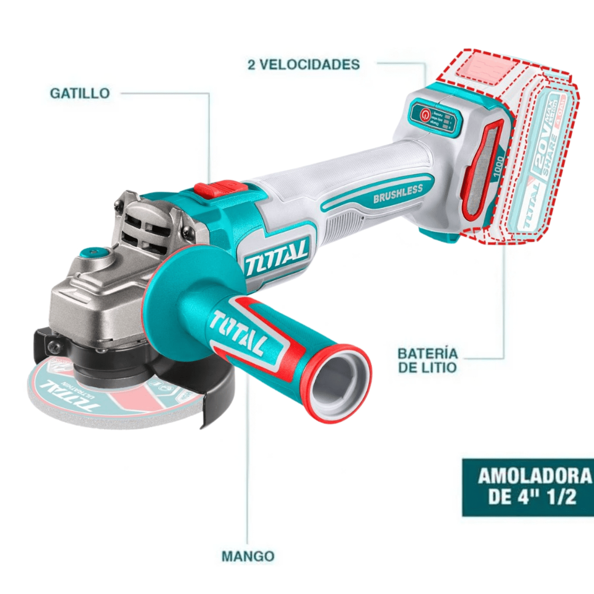 AMOLADORA INALÁMBRICO BRUSHLESS 20V, 2 BATERIAS 4A 10 DISCOS 4-1/2