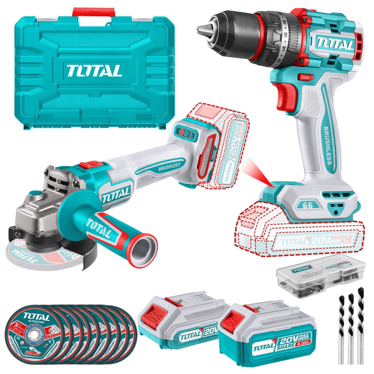 COMBO TALADRO PERCUTOR 66Nm AMOLADORA BRUSHLESS 20V INDUSTRIAL TOTAL1