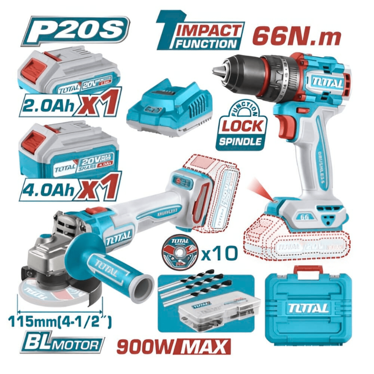 COMBO TALADRO PERCUTOR 66Nm AMOLADORA BRUSHLESS 20V INDUSTRIAL TOTAL2