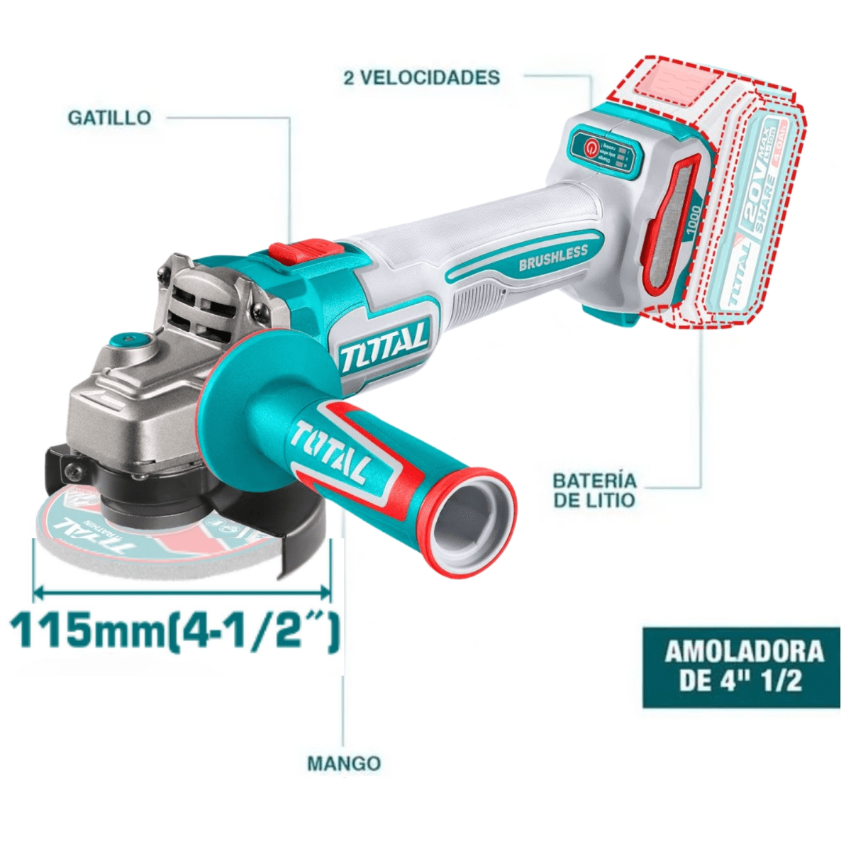 COMBO TALADRO PERCUTOR 66Nm AMOLADORA BRUSHLESS 20V INDUSTRIAL TOTAL5