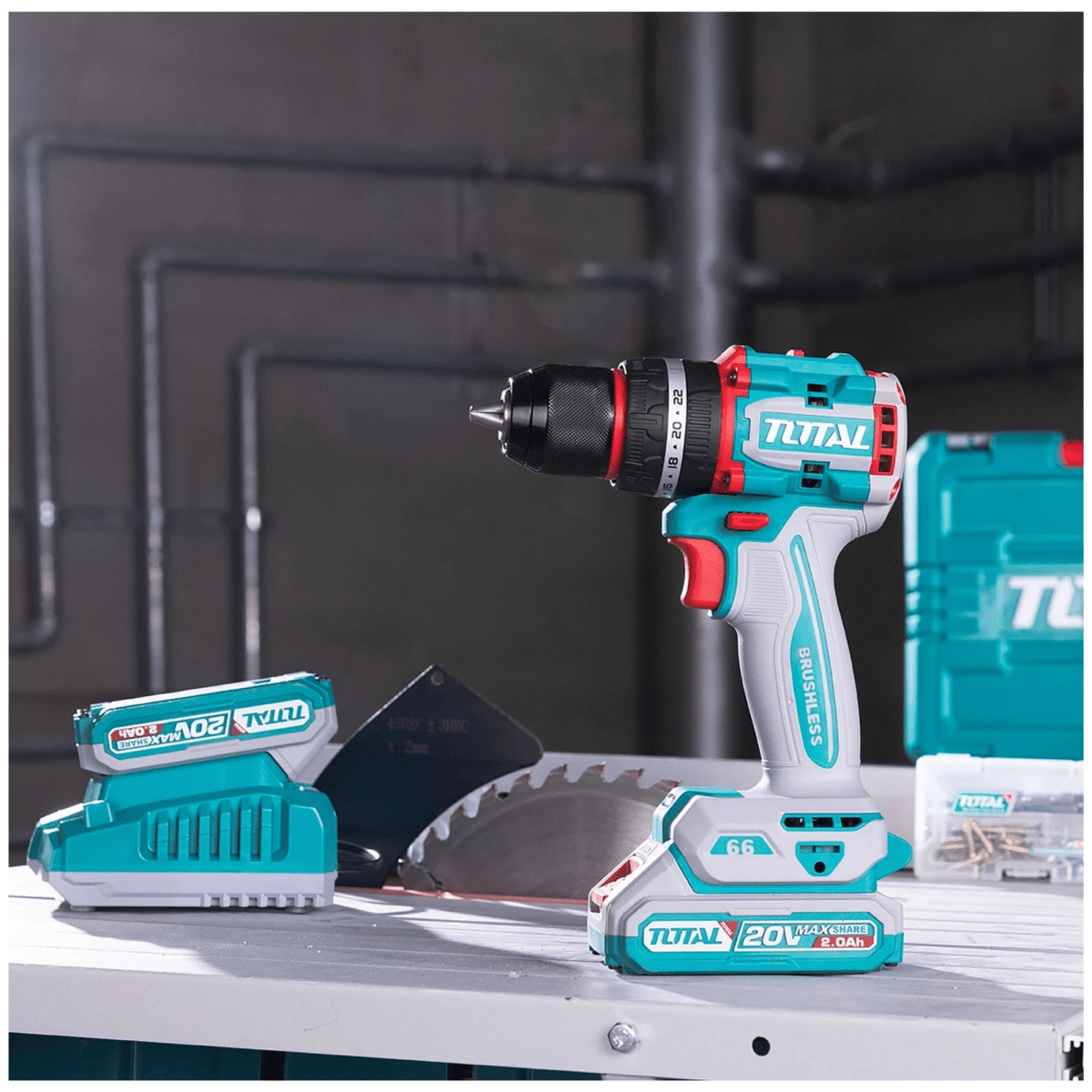 COMBO TALADRO PERCUTOR 66Nm AMOLADORA BRUSHLESS 20V INDUSTRIAL TOTAL6