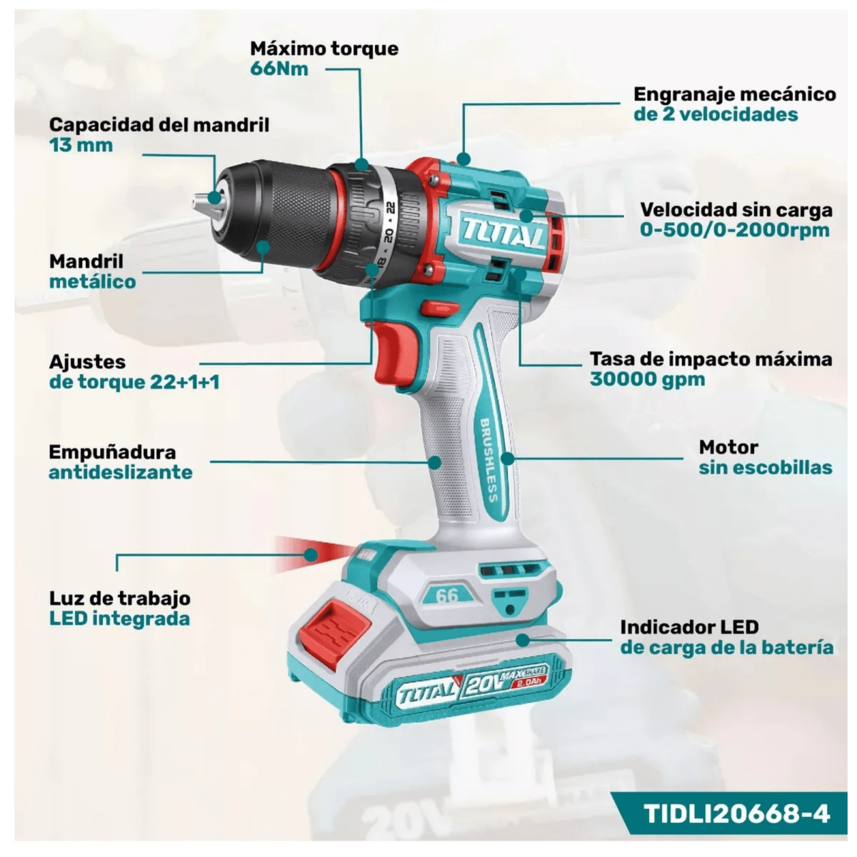 COMBO TALADRO PERCUTOR 66Nm AMOLADORA BRUSHLESS 20V INDUSTRIAL TOTAL7