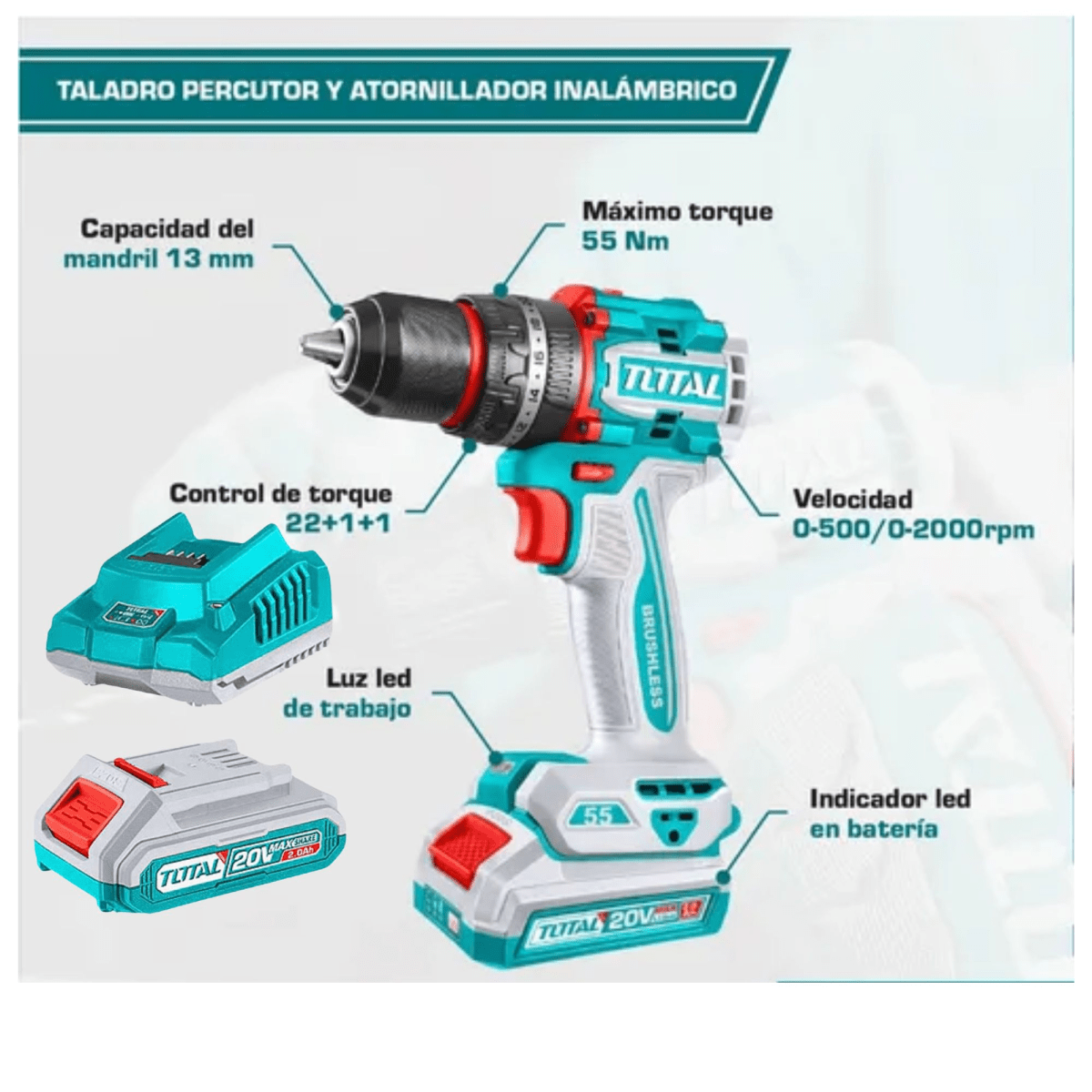 Kit Taladro Atornillador 20V + puntas y dados TOTAL3