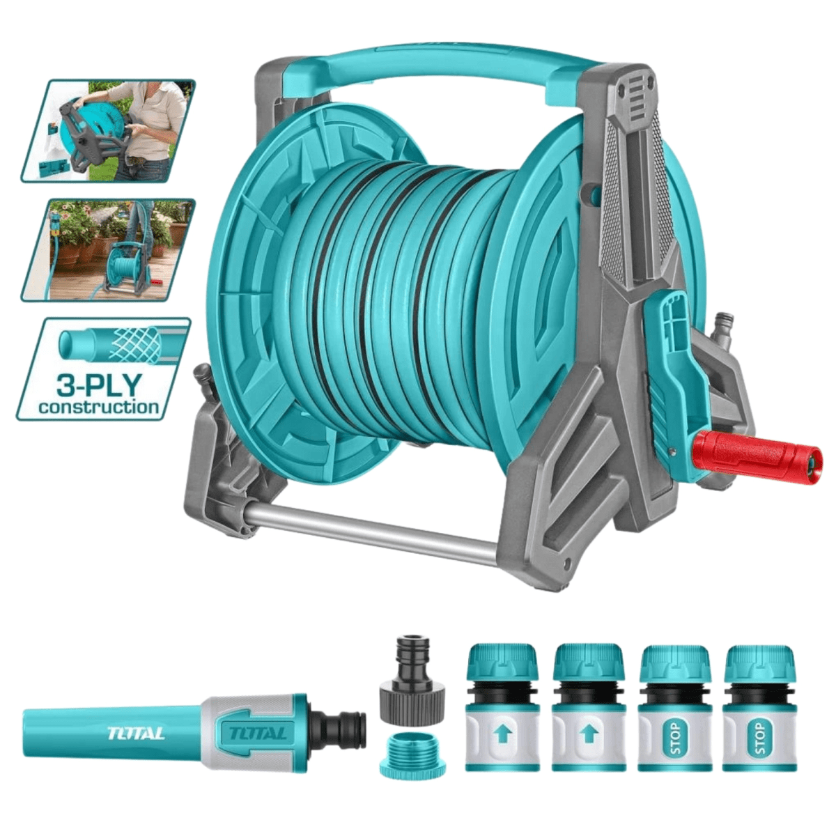 Kit manguera de riego 20m porta manguera retráctil conectores rápidos1