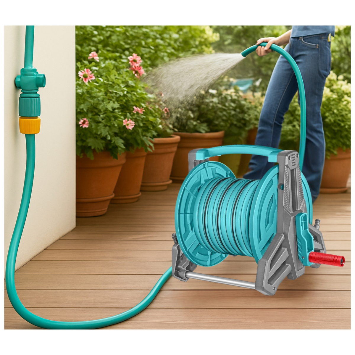 Kit manguera de riego 20m porta manguera retráctil conectores rápidos2