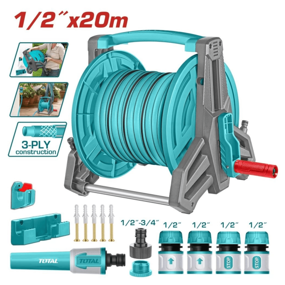 Kit manguera de riego 20m porta manguera retráctil conectores rápidos3