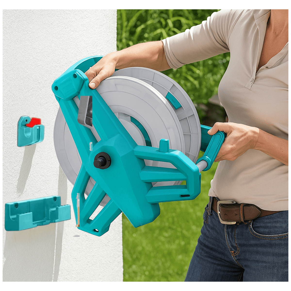 Kit manguera de riego 20m porta manguera retráctil conectores rápidos4