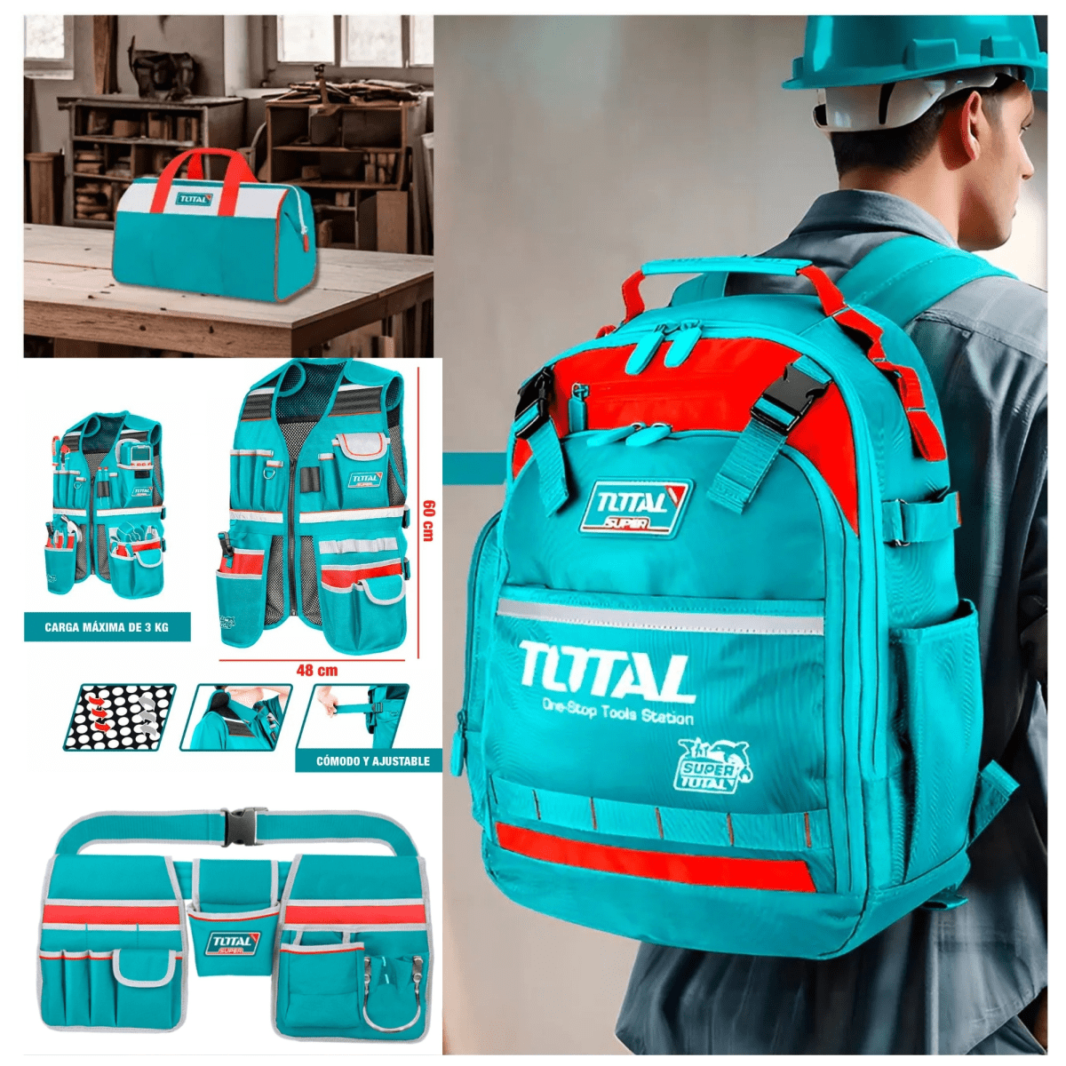 MOCHILA PORTAHERRAMIENTAS, MALETA, CHALECO COMBO 4 EN 15