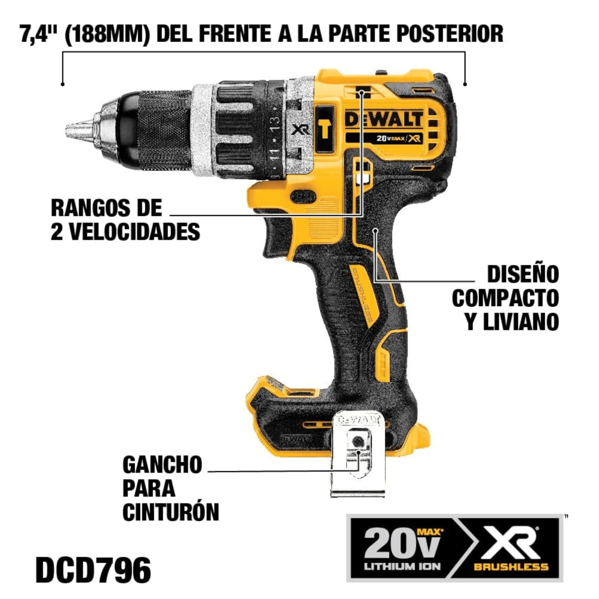 Taladro Percutor Inalambrico Dewalt 20V Brushless DCD796D23