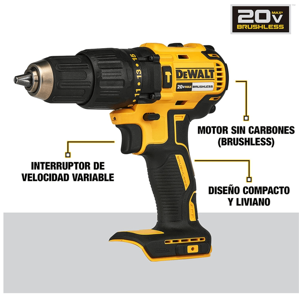 Taladro Percutor Inalámbrico Dewalt 12 20V BRUSHLESS ATOMIC DCD709D23