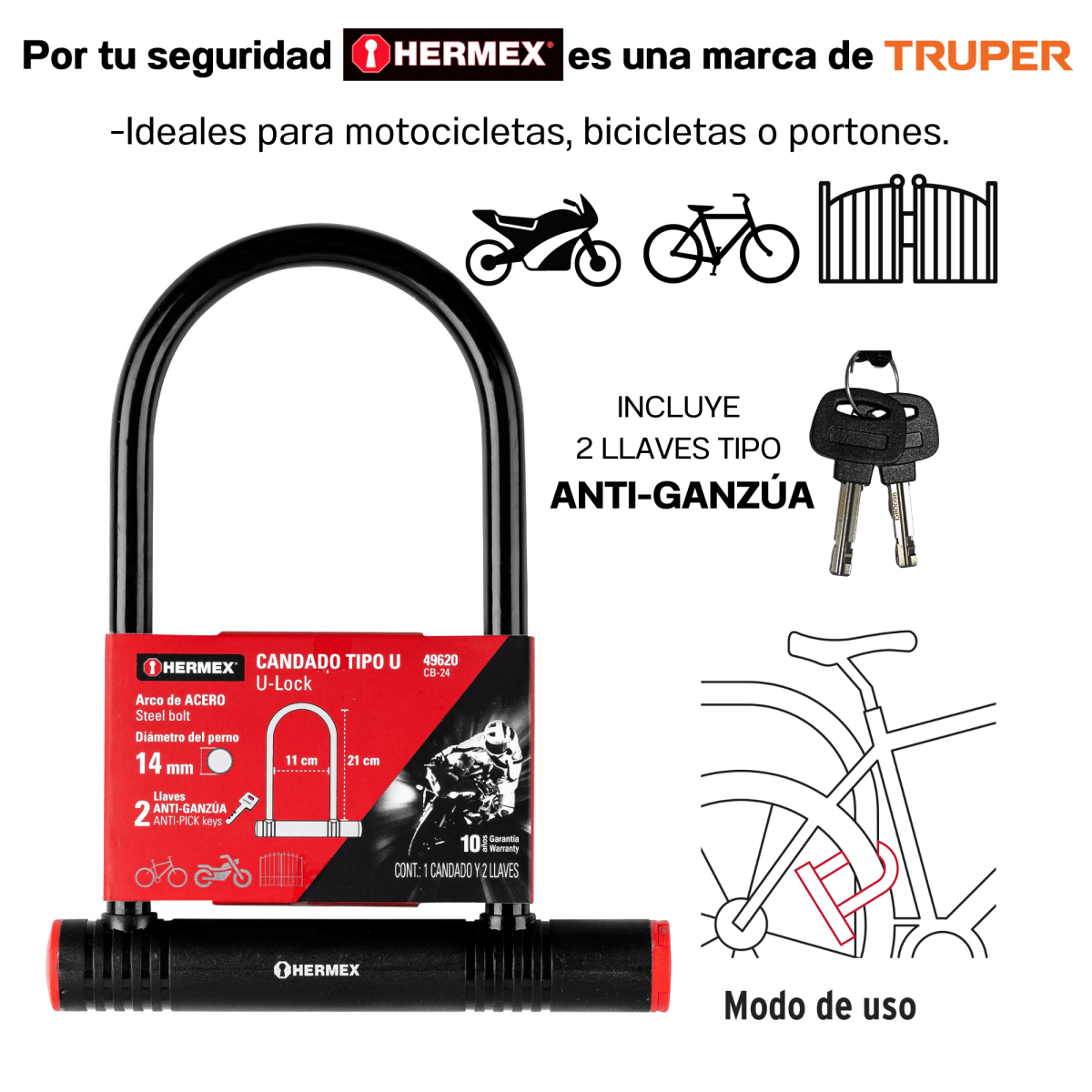 Candado bicicleta moto cadena candado tipo U HERMEX-496203