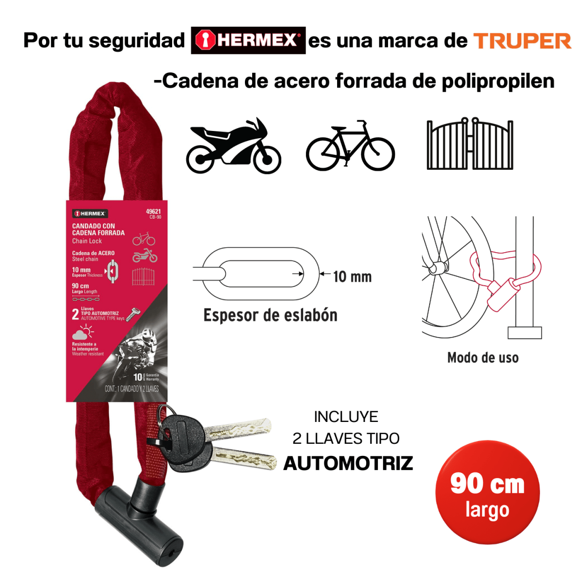 Candado cadena bicicleta moto cadena forrada hermex cb-902