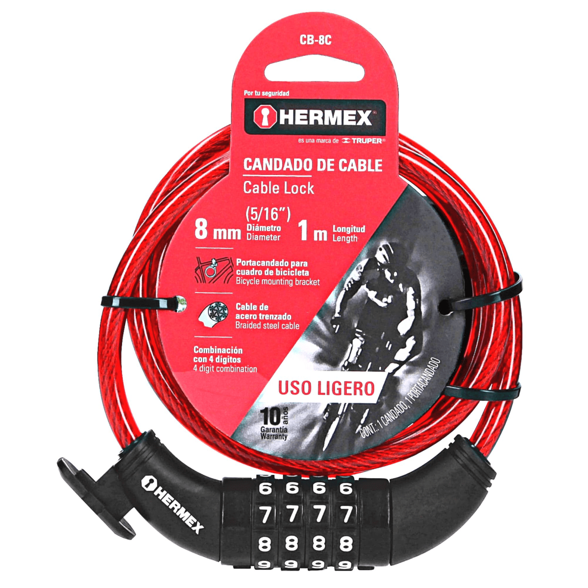 Candado bicicleta  con combinación, 8 mm X 1 m, Hermex3