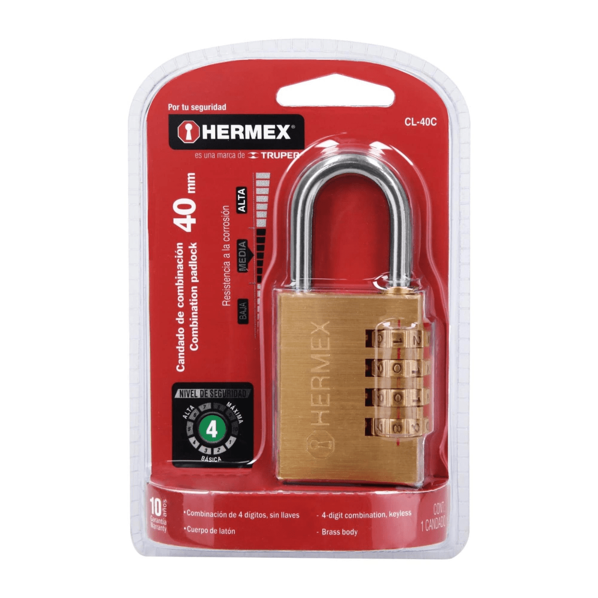 Candado con clave de combinación 40 mm cuerpo de latón Hermex5