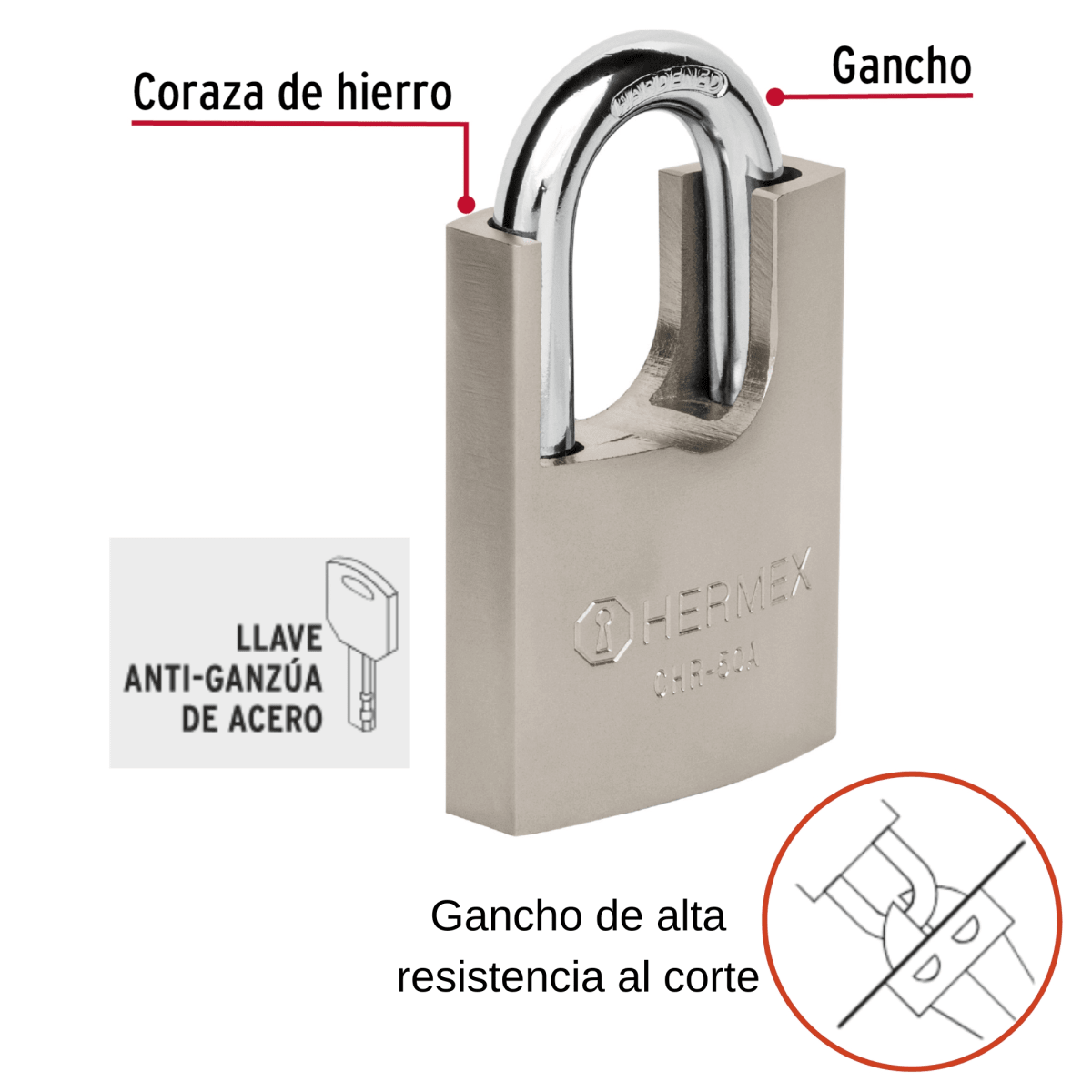Candado de hierro 50 mm con coraza, llave anti-ganzúa, Hermex2