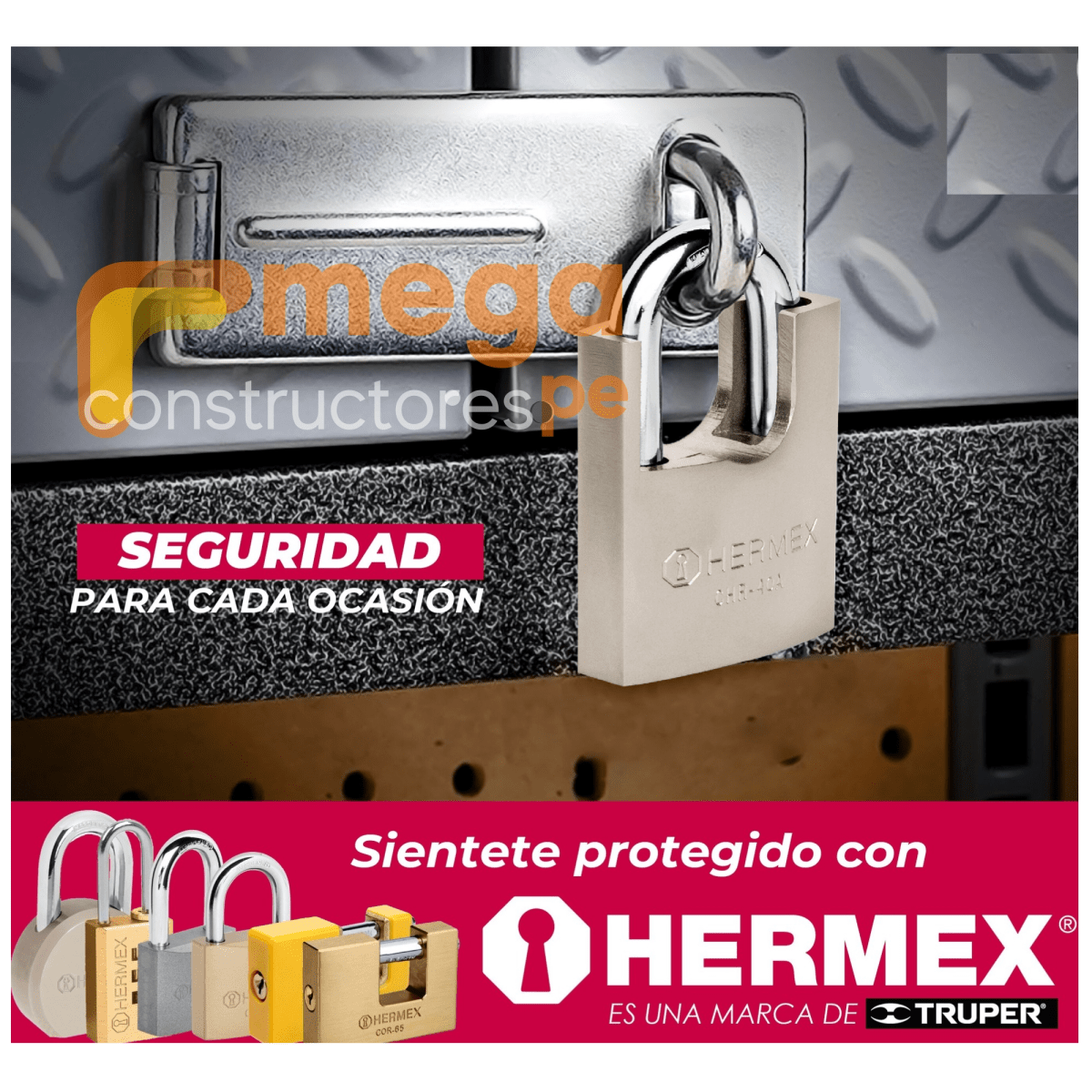 Candado de hierro 50 mm con coraza, llave anti-ganzúa, Hermex3