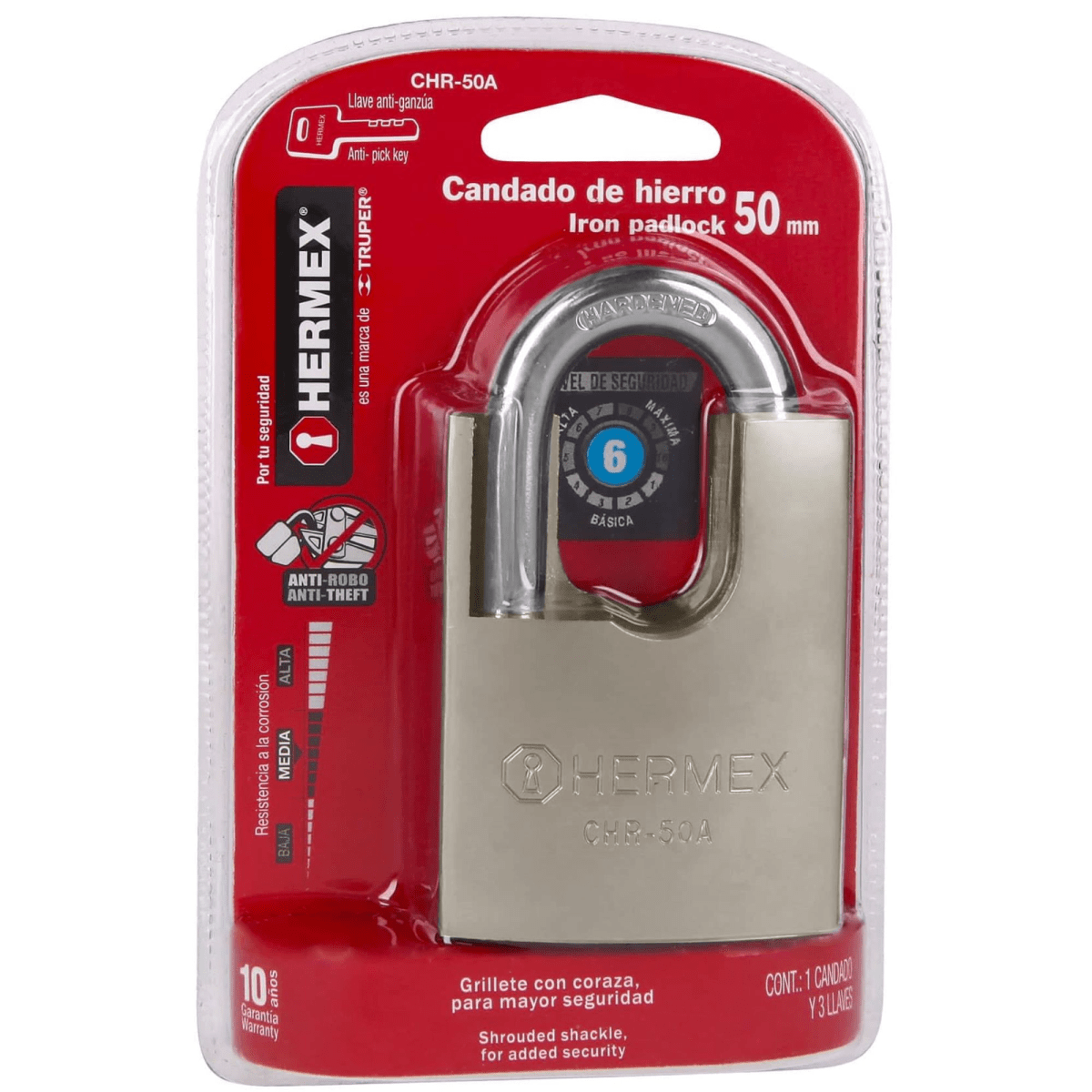 Candado de hierro 50 mm con coraza, llave anti-ganzúa, Hermex5