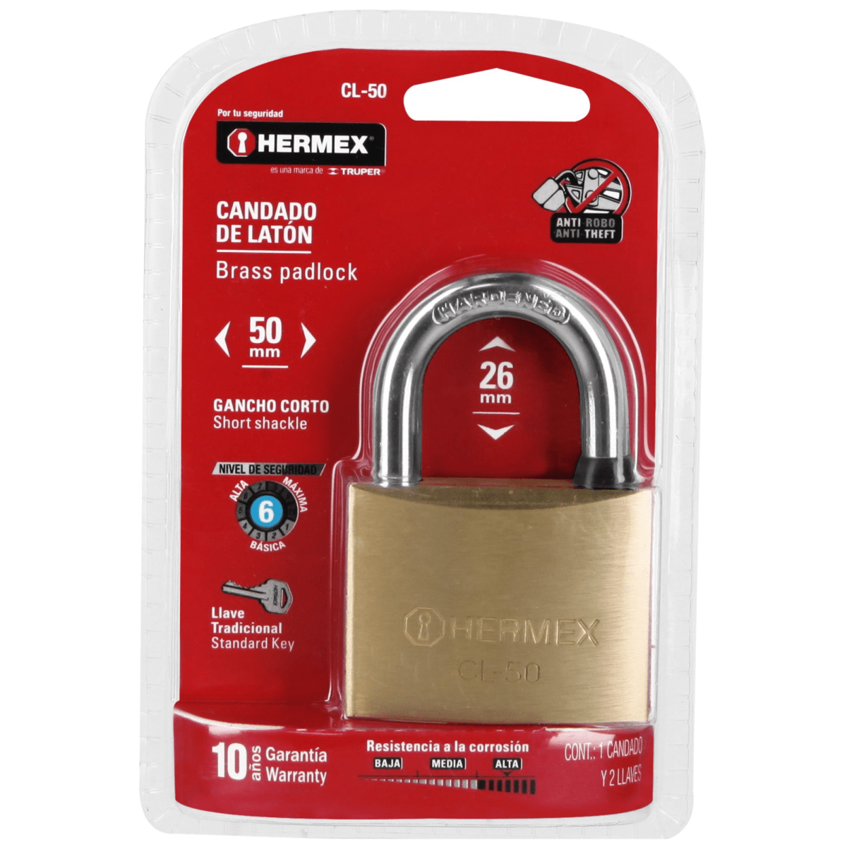 Candado de latón 50 mm gancho corto, Hermex4