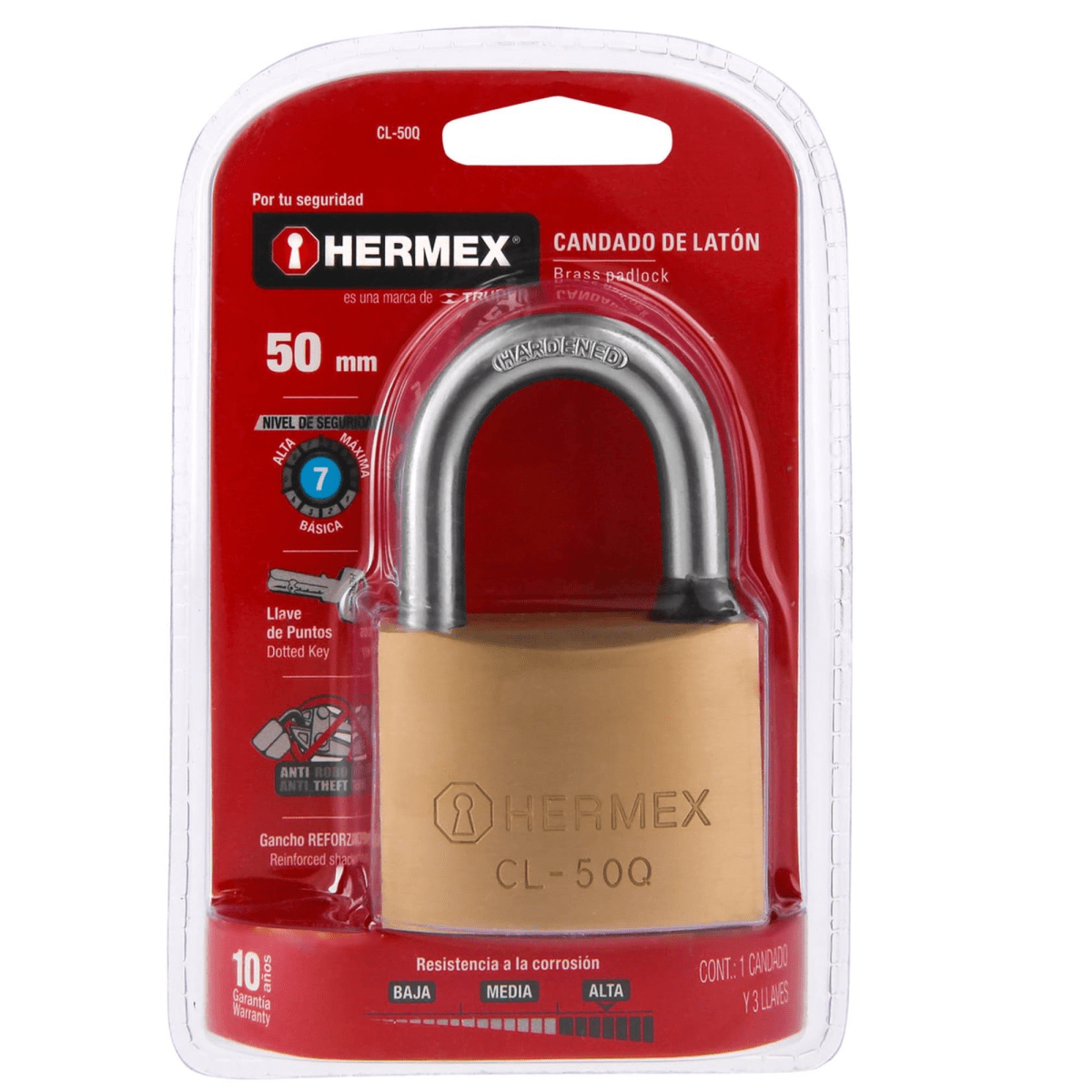 Candado de latón 50 mm gancho corto, llave de puntos, Hermex4