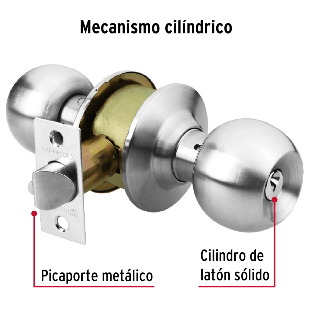 Cerradura  chapa bola para recámara, cromo mate Hermex2